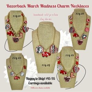Arkansas Razorback Handmade Porcelain Charm Necklace - Red, White and Gold